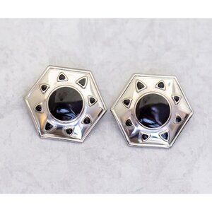 Vintage Black Sun Silver Tone Edwardian Stud Earrings - C9